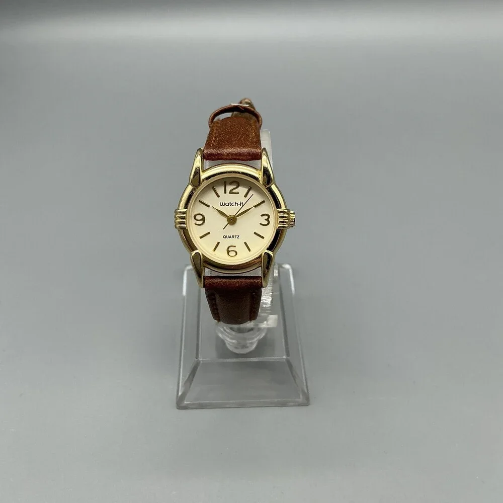 Watch-it! Womens Watch 24mm Cream Dial Gold Tone Brown Leather New Battery